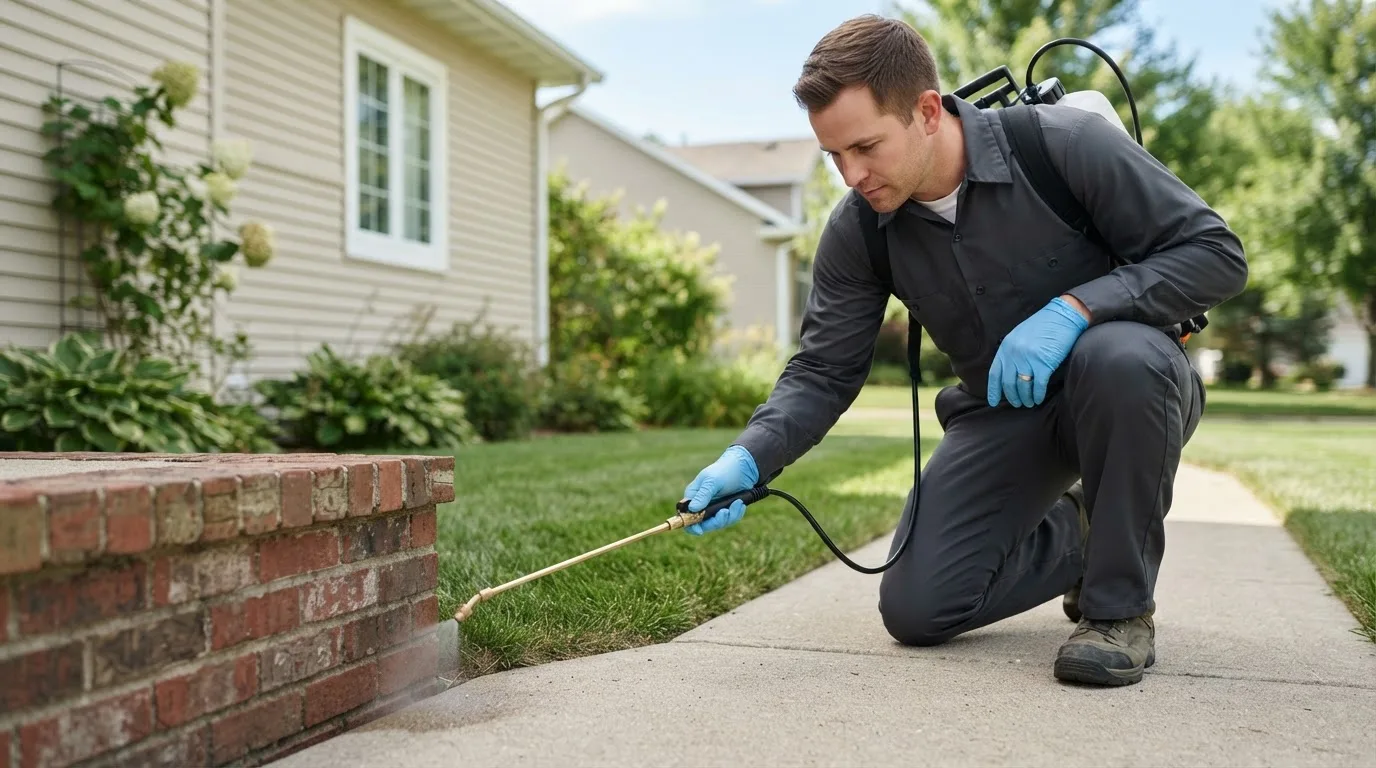 Pest control technician treating a home near Brentford, SD